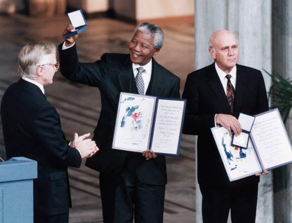 Mandela with FW De Klerk, jointly accepting the Nobel Peace Prize. 