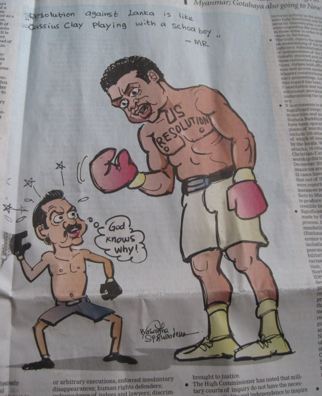 A cartoon visualizing Rajapaksa's claim that the US sponsoring the UNHRC resolution was like "Muhammed Ali picking on a schoolboy". (Image: The Sunday Times)