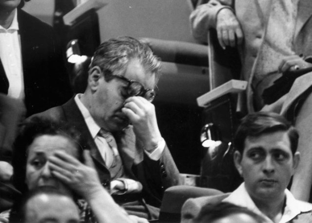 Audience members react to proceedings at the Eichmann Trial. 