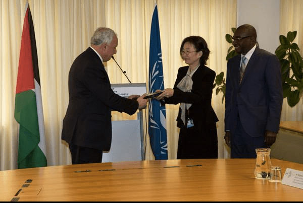 Palestine officially becomes a member-state of the ICC. Second Vice-President of the ICC Judge Kuniko Ozaki, President of the Assembly of States Parties H.E. Sidiki Kaba, and Palestinian Foreign Minister Dr. Riad. Al-Malki (Photo: ICC)