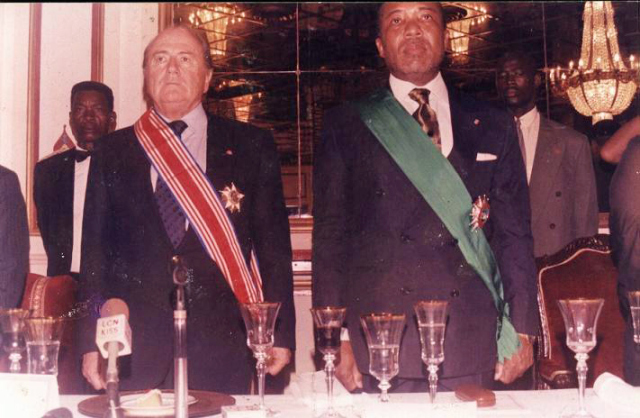 FIFA President, Sepp Blatter, with former Liberian President, Charles Taylor, convicted by the Special Court for Sierra Leone for aiding and abetting war crimes in Sierra Leone.