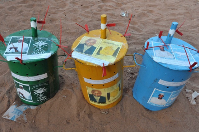 Canisters in which voters in The Gambia drop marbles to indicate their political support (Photo: AFP)